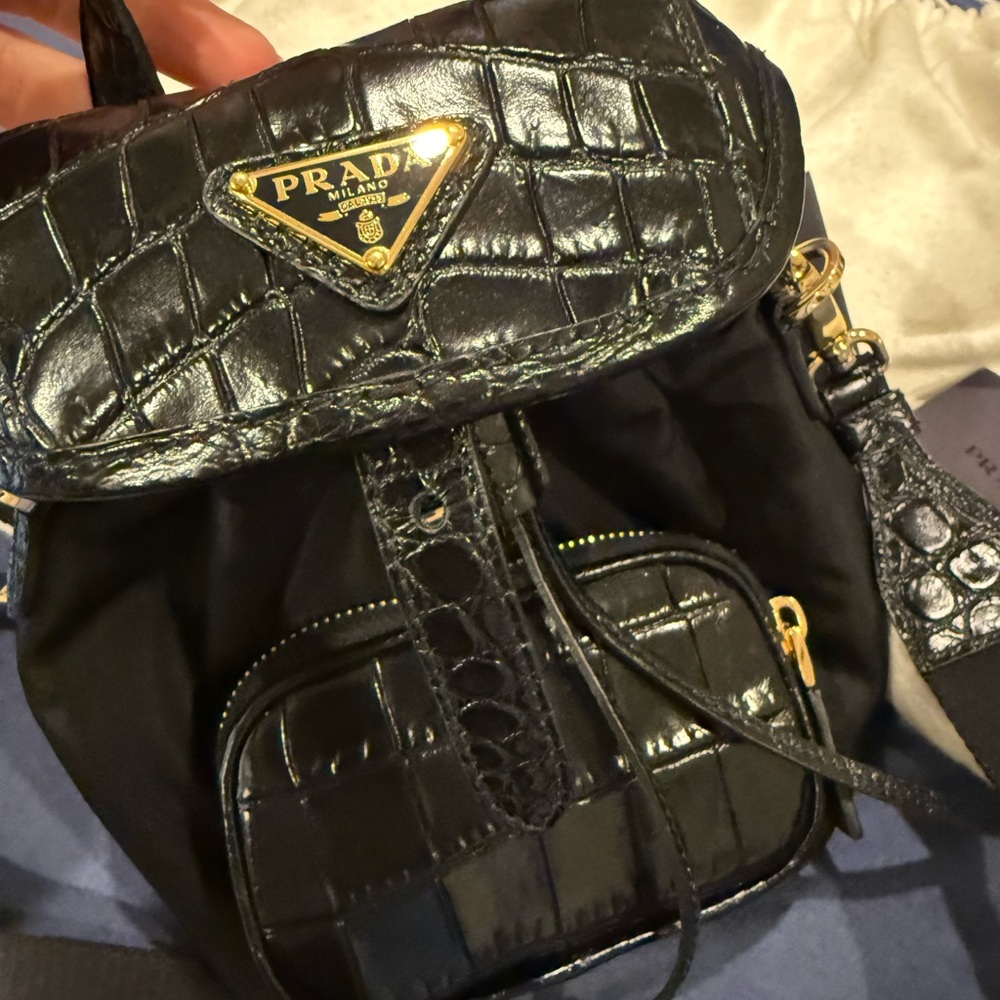 Prada nylon and croc embossed backpack shoulder bag. - Picture 8 of 15